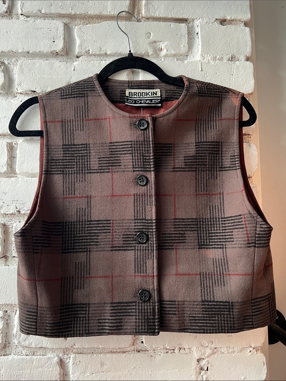 Vintage 90s Brown Plaid Button-Front Cropped Vest in felted wool